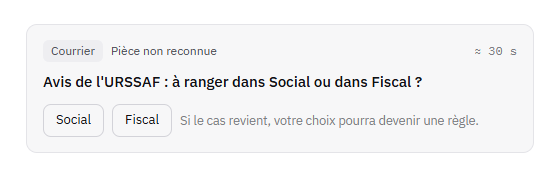 Le Courrier ne sait pas classer un avis de l'URSSAF et demande s'il va dans Social ou dans Fiscal ; le choix pourra devenir une règle.