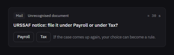 The Mail worker cannot classify a notice from URSSAF and asks whether it goes under Payroll or under Tax; the choice can become a rule.
